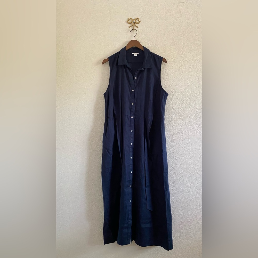 J. Jill Love Linen Sleeveless Button Front Tie-Waist Midi Dress in Navy Blue